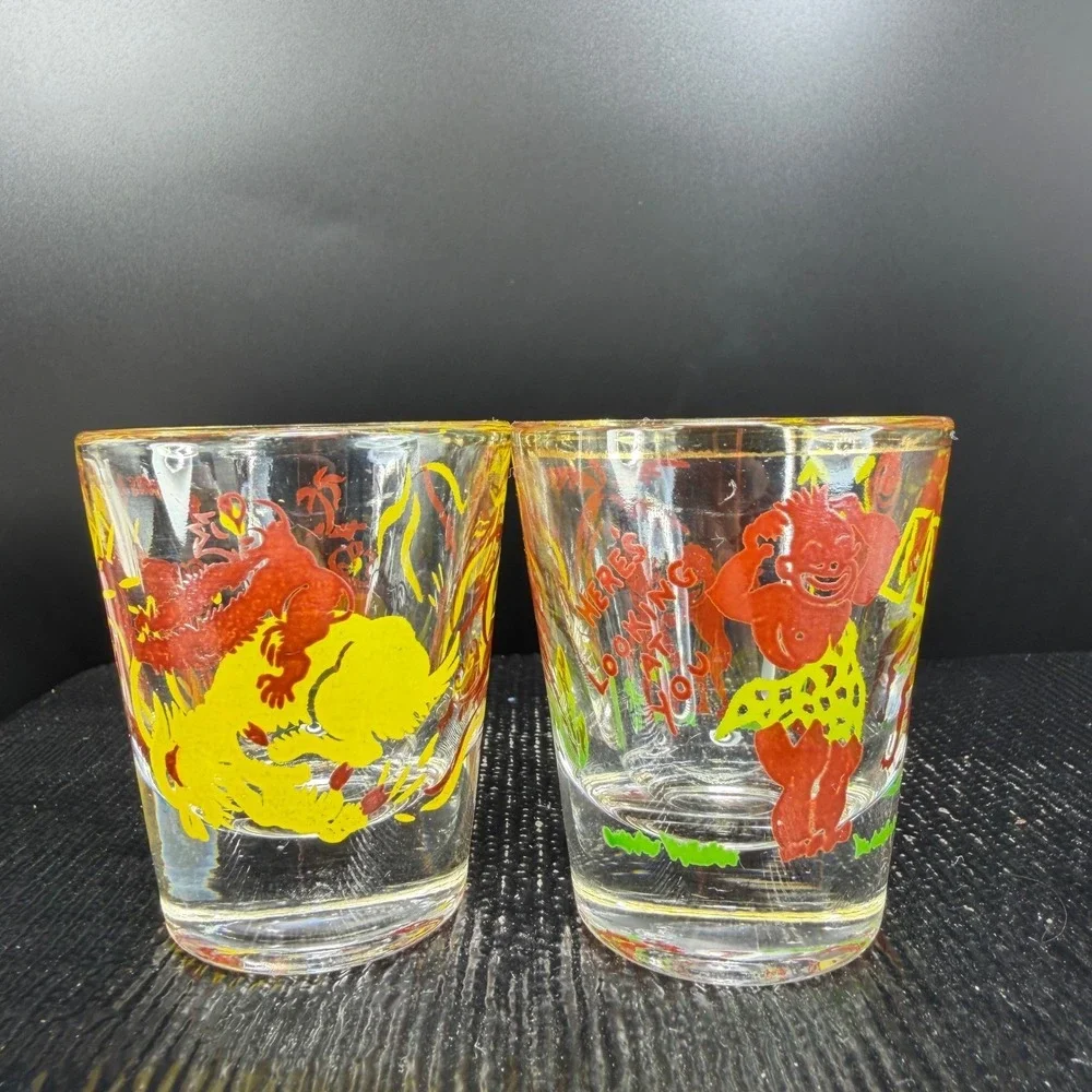 1950s Tiki Shot Glass Set 2 Bottoms Up Heres Looking At You Gold Rim Tropical - Picture 7 of 12